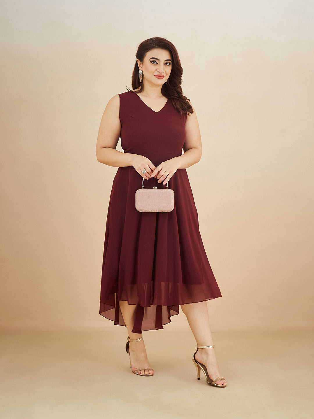 Wine Red V-Neck Sleeveless Solid High-Low Midi Skater Dress for Women