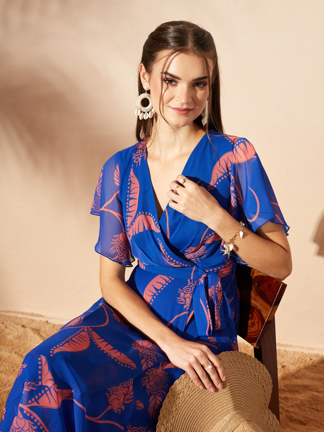 Royal Blue And Coral V-Neck Flared Floral Overlap/Tie-Up Maxi Chiffon Dress for Women