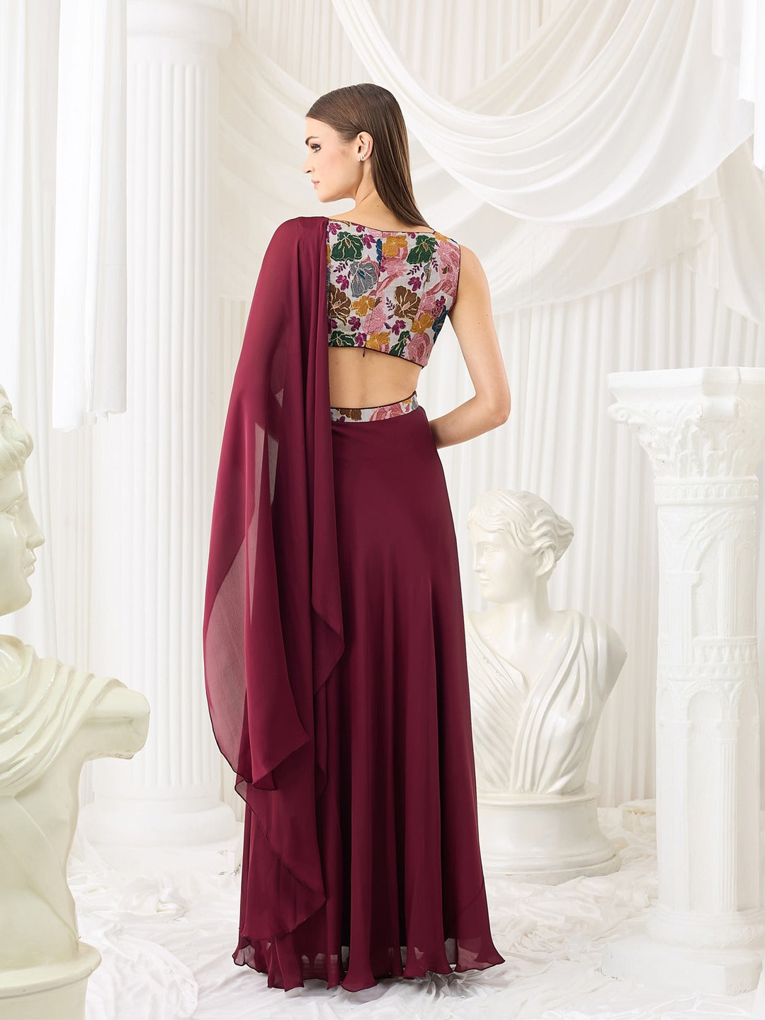 Luxe Layered Satin Gown in Wine with Square Neck & Floral Design for Women