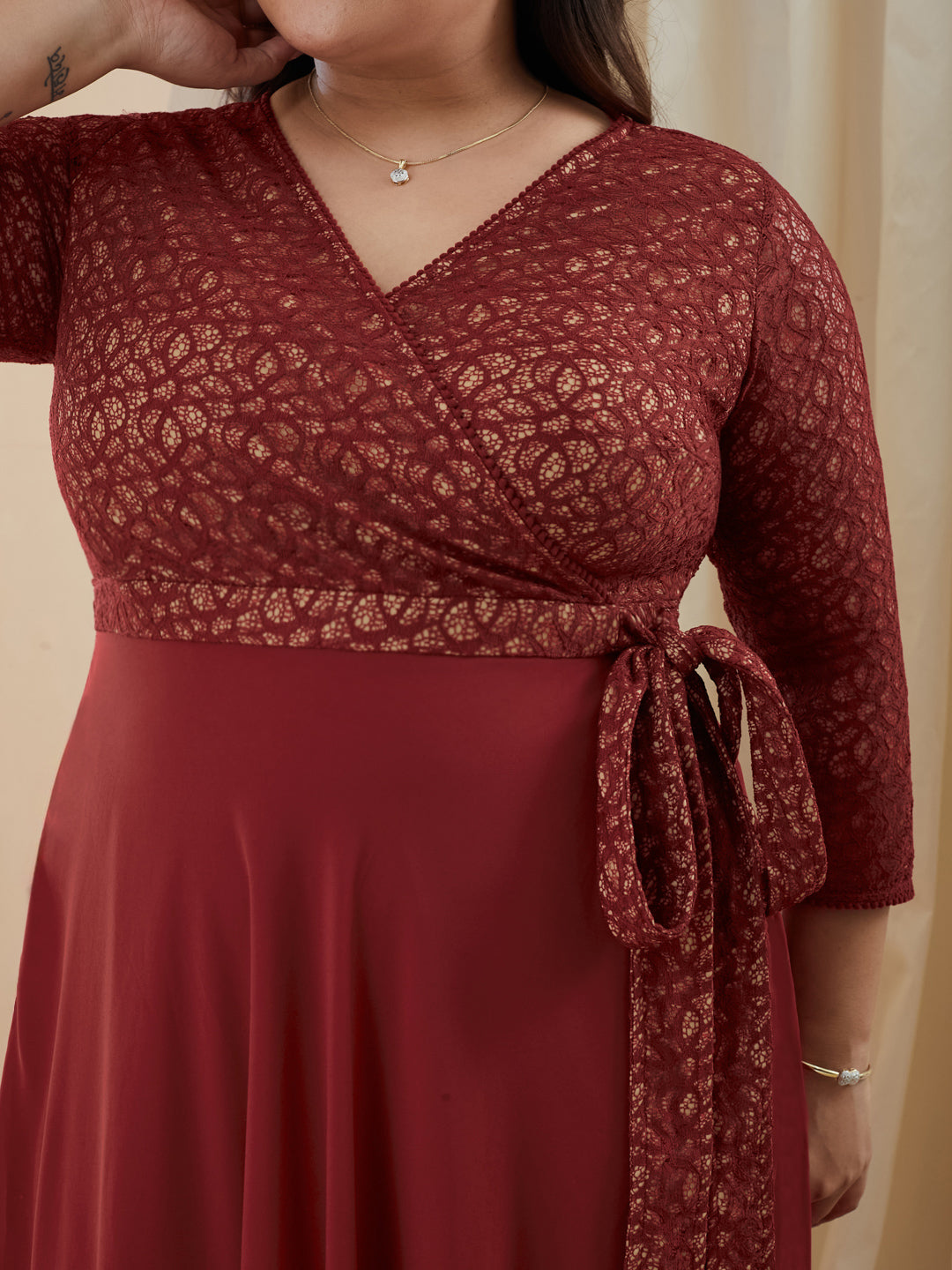 Maroon Relaxed Fit V-Neck 3/4Th Sleeve Georgette Maxi Dress  for Women