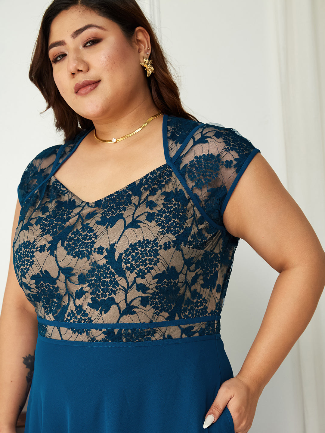 Royal Blue Sweet-Heart Neck Cap-Sleeve Floral Fit & Flare Georgette Maxi Dress for Women