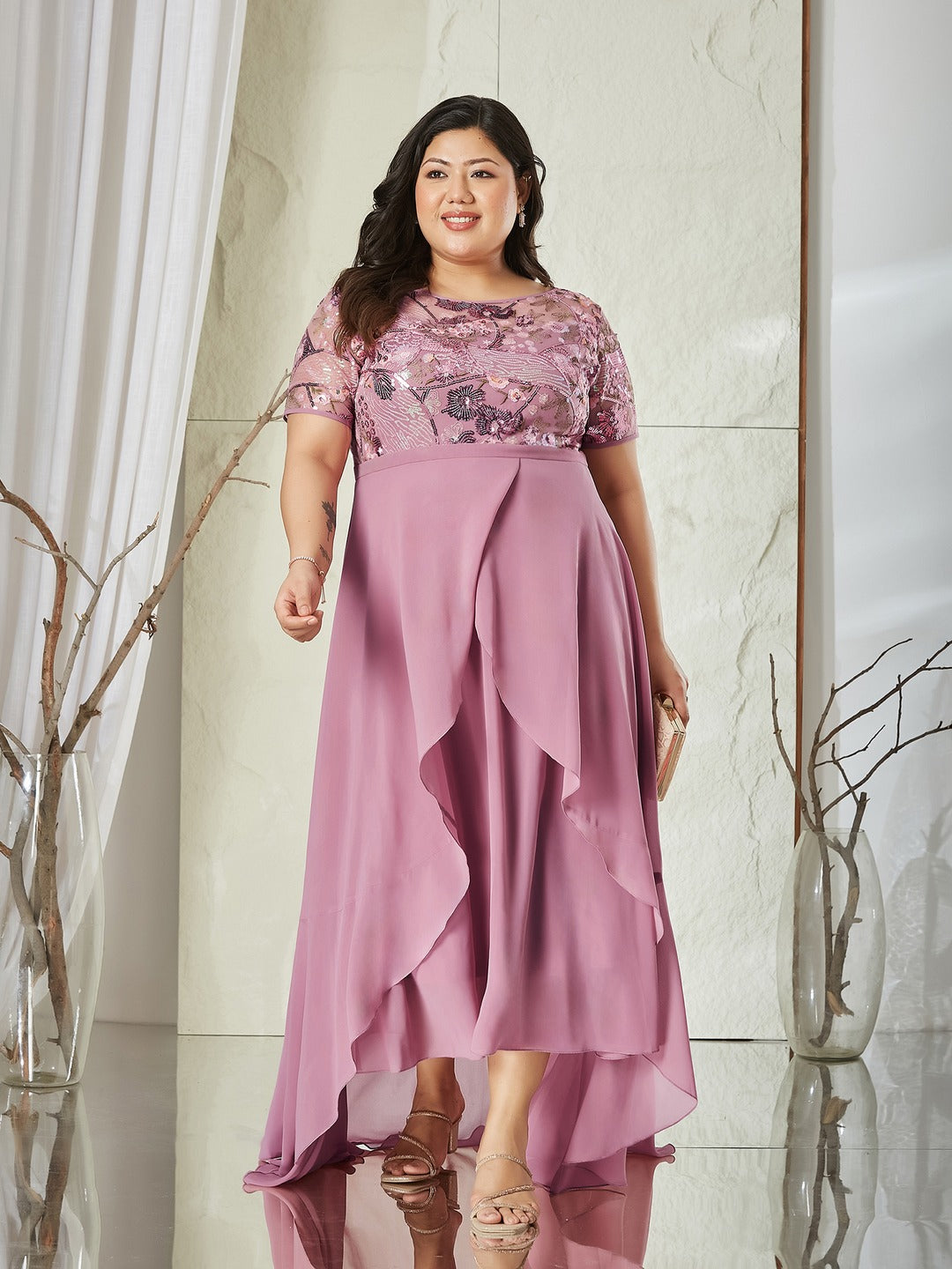 Dusty Pink Square Neck Half Sleeve Solid Embellished Maxi Dress for Women