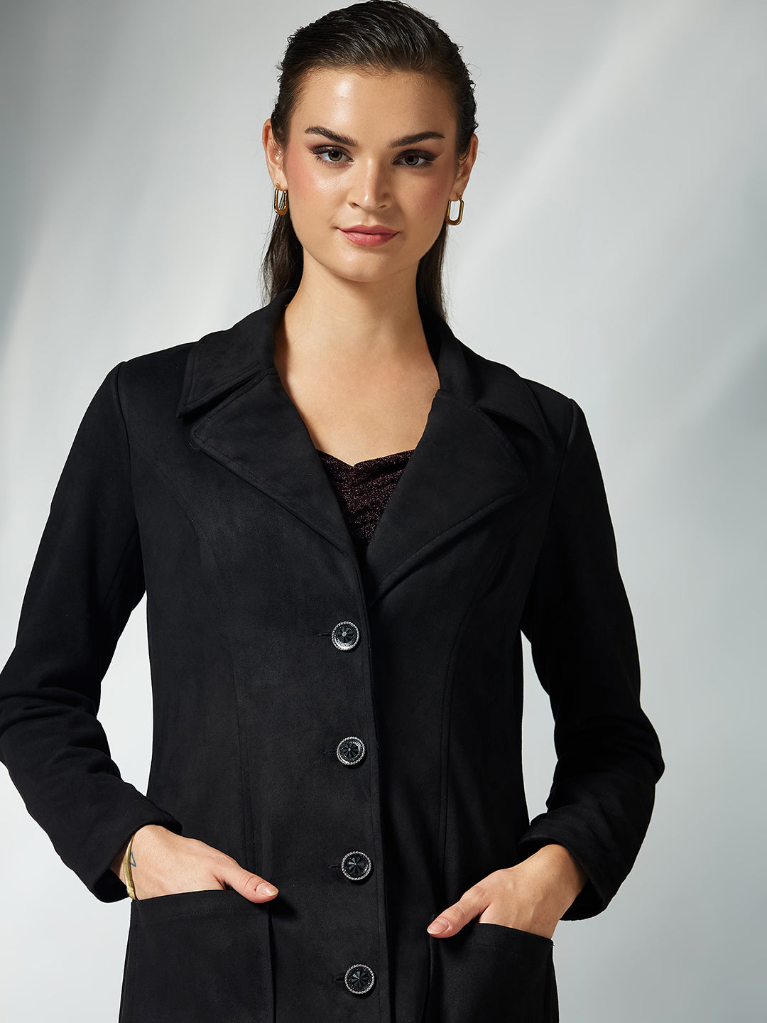 Women's Black Solid V-Neck Full Sleeves Patched Pocketed Polyester Button Down Longline Winter Wear Jacket