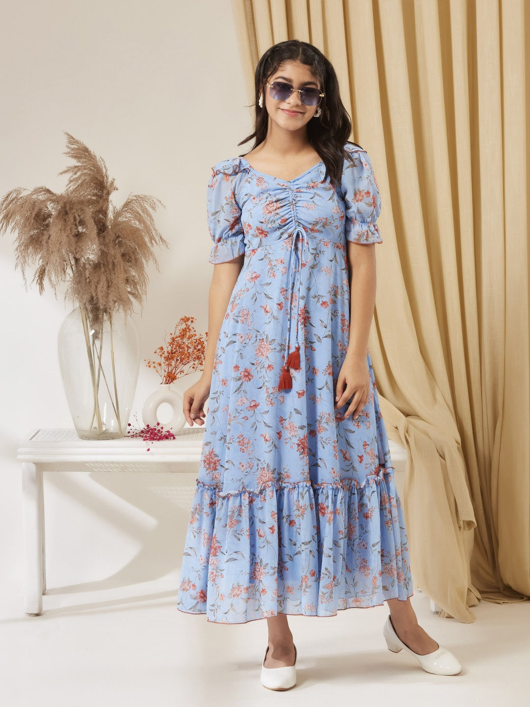 Powder Blue V-Neck Puff Sleeve Floral Ruching Ankle-Length Dress for Girls/Teenagers
