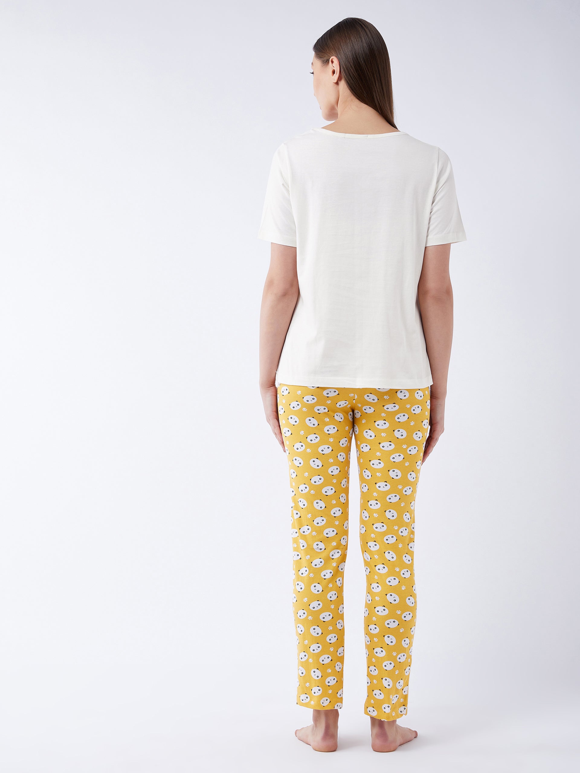 Women's White and Mustard Round Neck Short Sleeves Printed Regular length Top and Pyjama Set