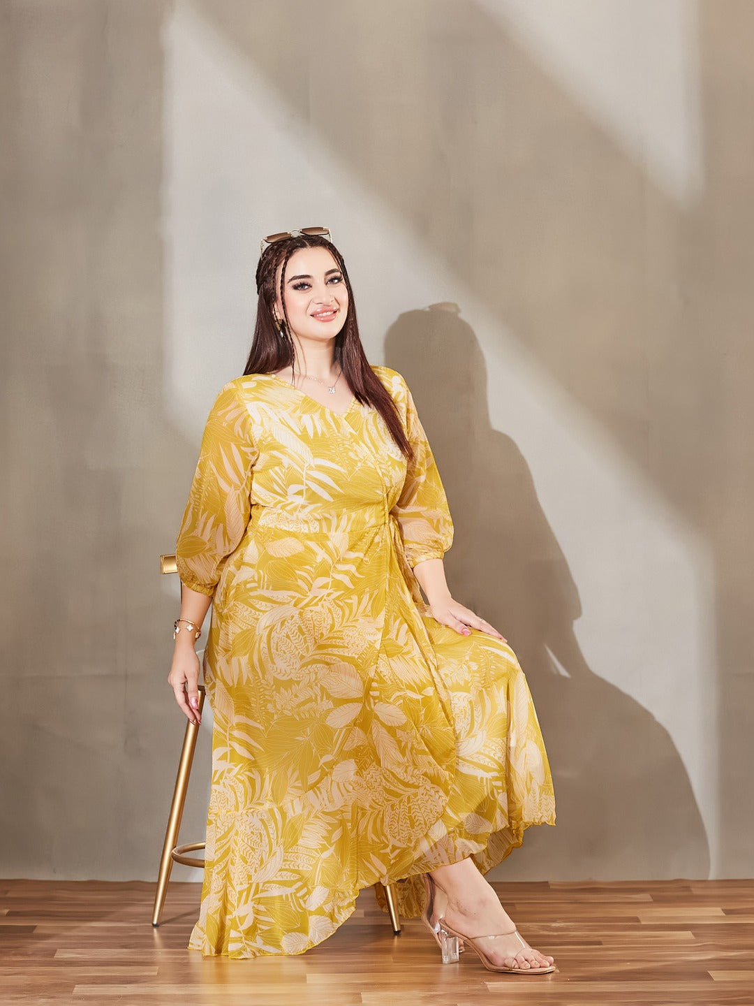 Yellow & White V-Neck Full sleeve Floral Layered Maxi Dress for Women