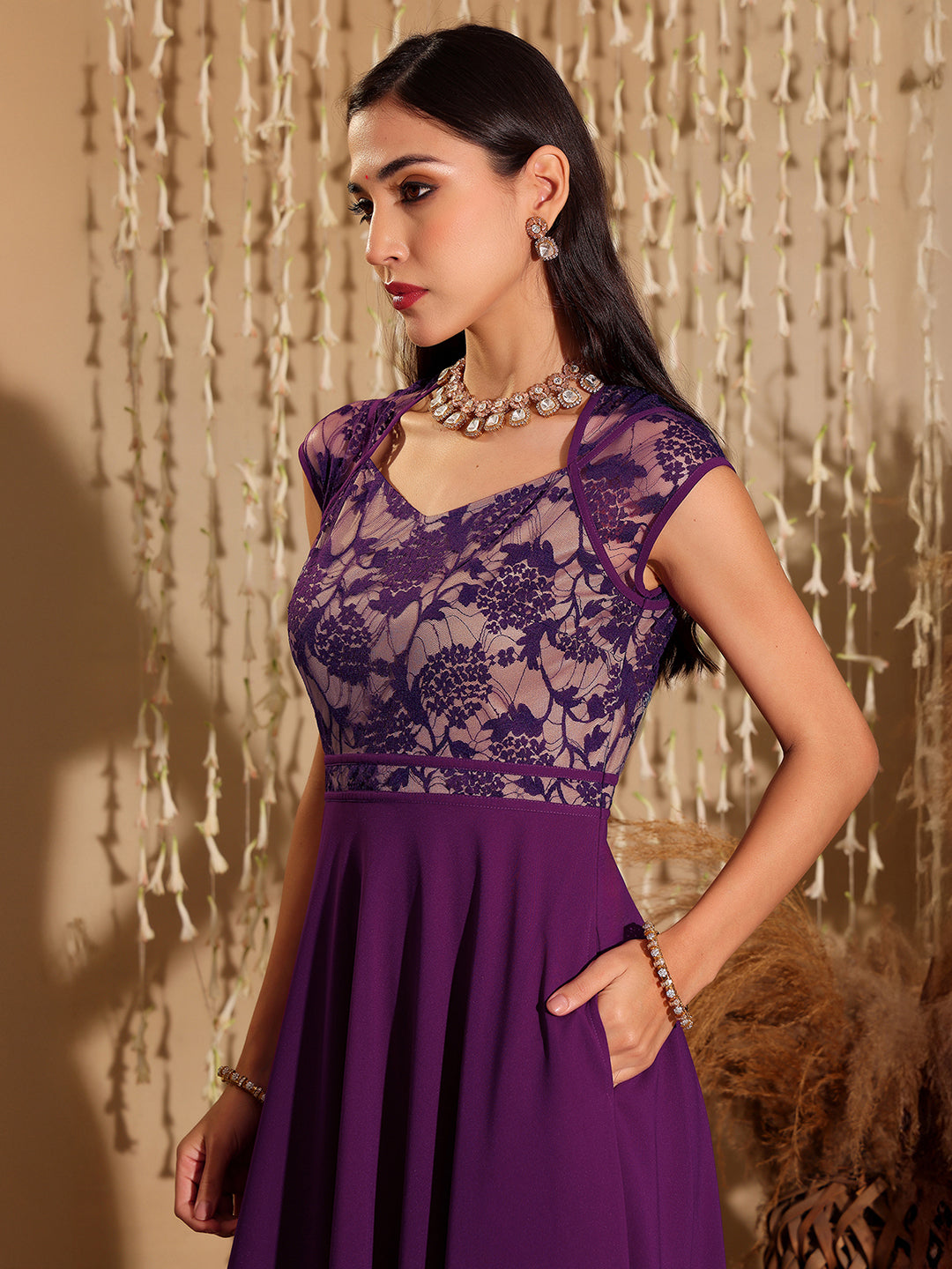 Women's Dark Purple Sweet-Heart Neck Cap-Sleeve Floral Fit & Flare Georgette Maxi Dress