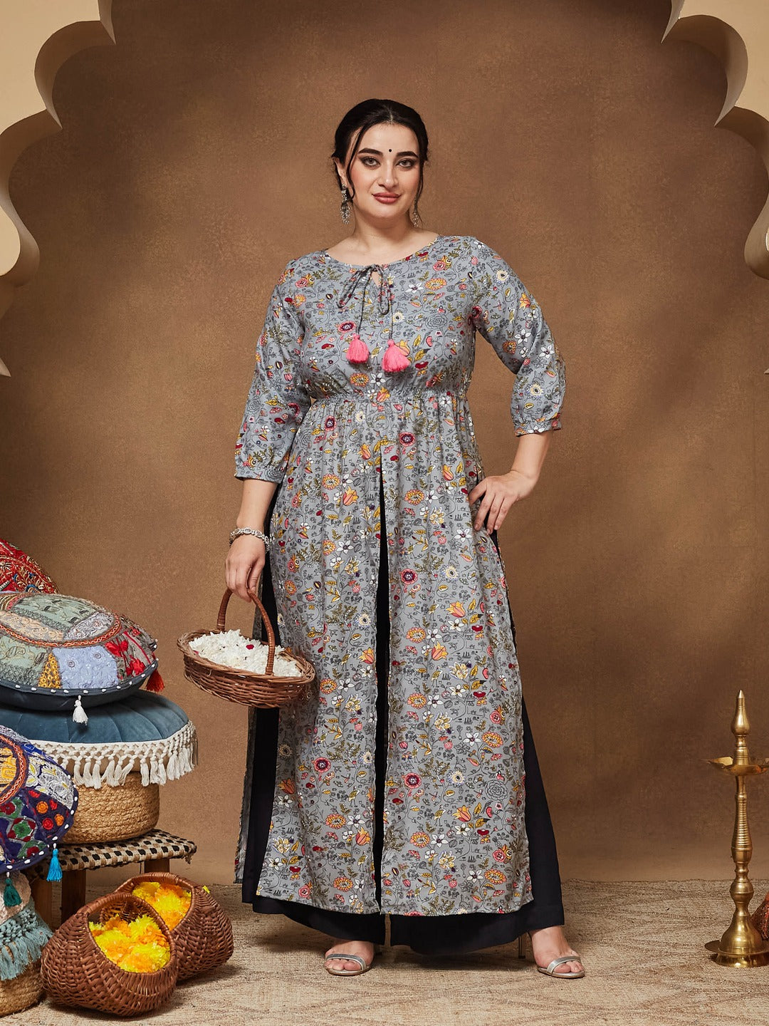 Grey Round neck 3/4th Sleeve Floral Elasticated Maxi Top for Women — Miss Chase A+