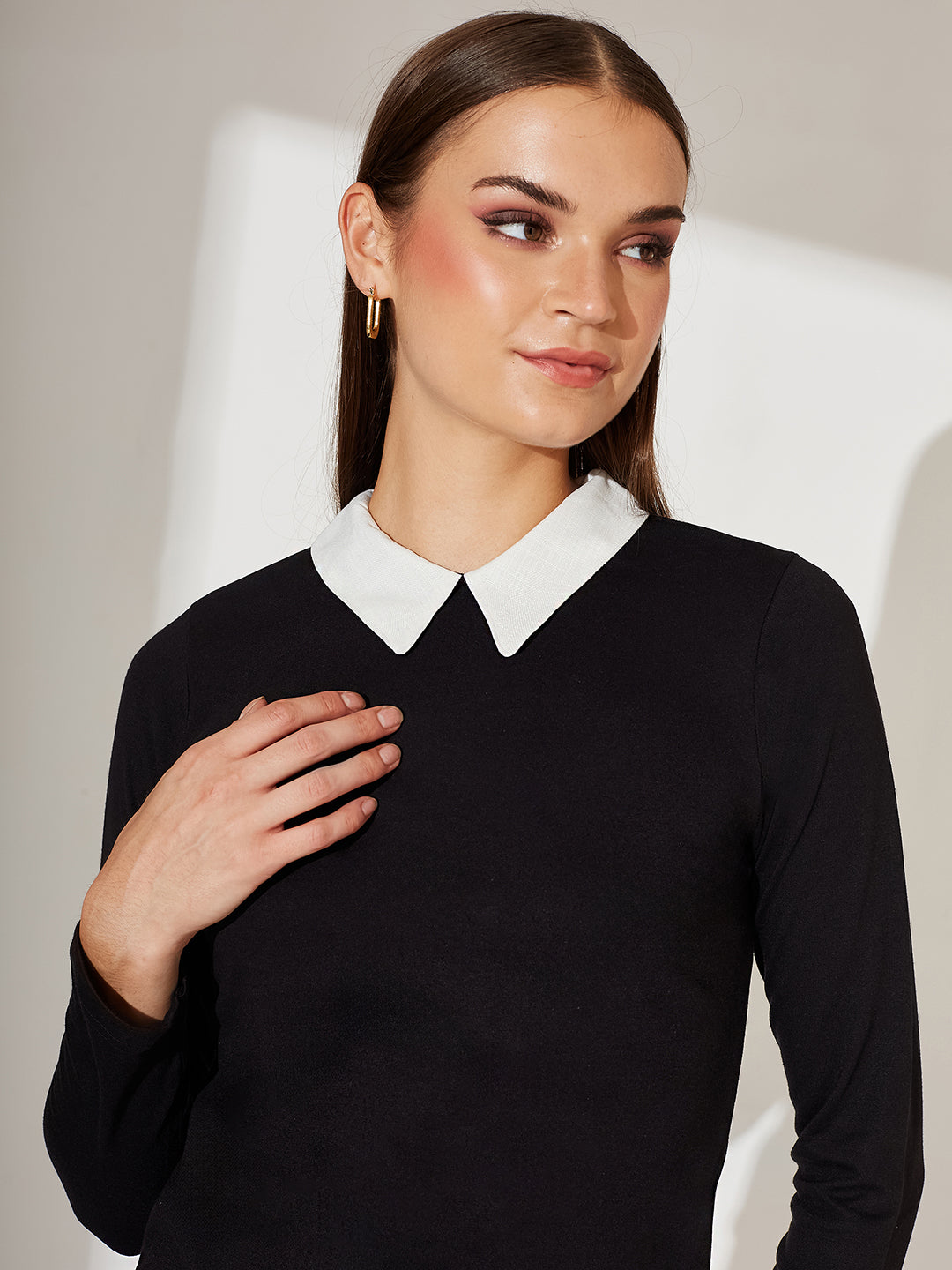 Black Collared Round Neck Full Sleeve Cotton Solid Buttoned Top for Women