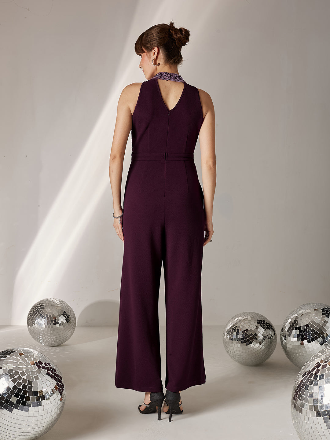 Women's Dark Purple Halter Neck Sleeveless Embellished Regular-Length Jumpsuit