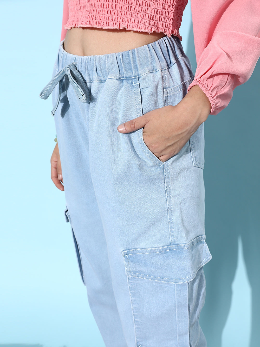 Women's Light Blue Regular High-Rise Clean-Look Regular Stretchable Denim Joggers
