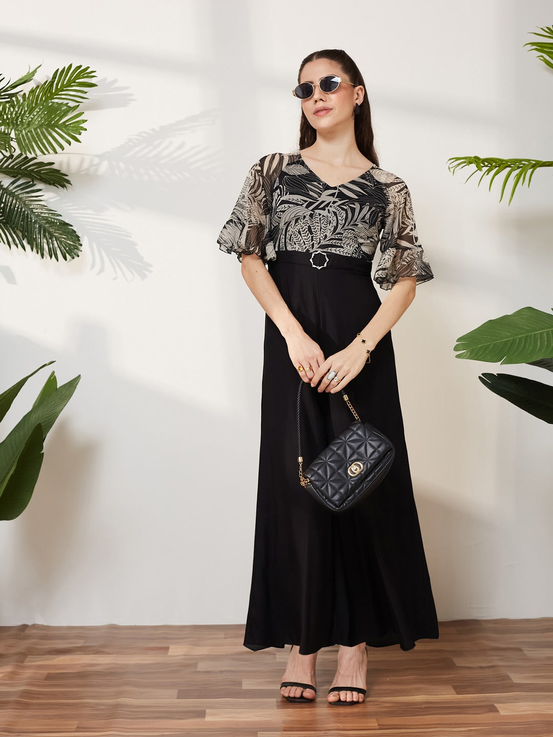 Black V Neck Ruffled Sleeve Wide Leg Regular-Length Polyester Printed Jumpsuit for Women