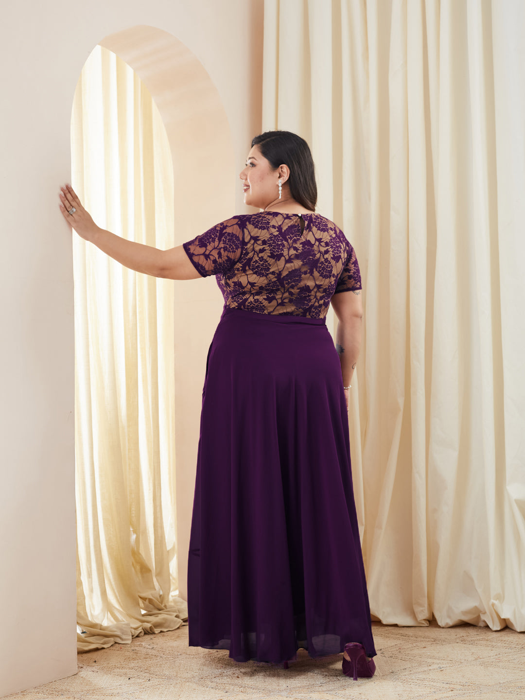 Dark Purple Round Neck Half Sleeve Self Design Fit & Flare Georgette Maxi Dress for Women