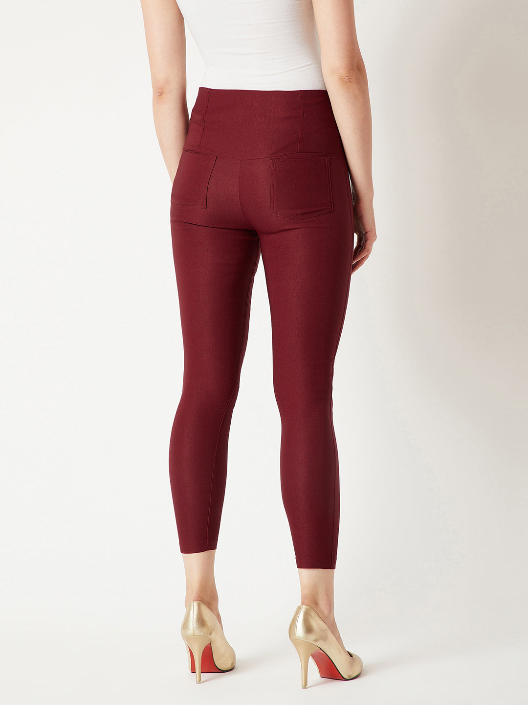Women's Maroon Solid Skinny High Waist Regular Length Slim Fit Jeggings