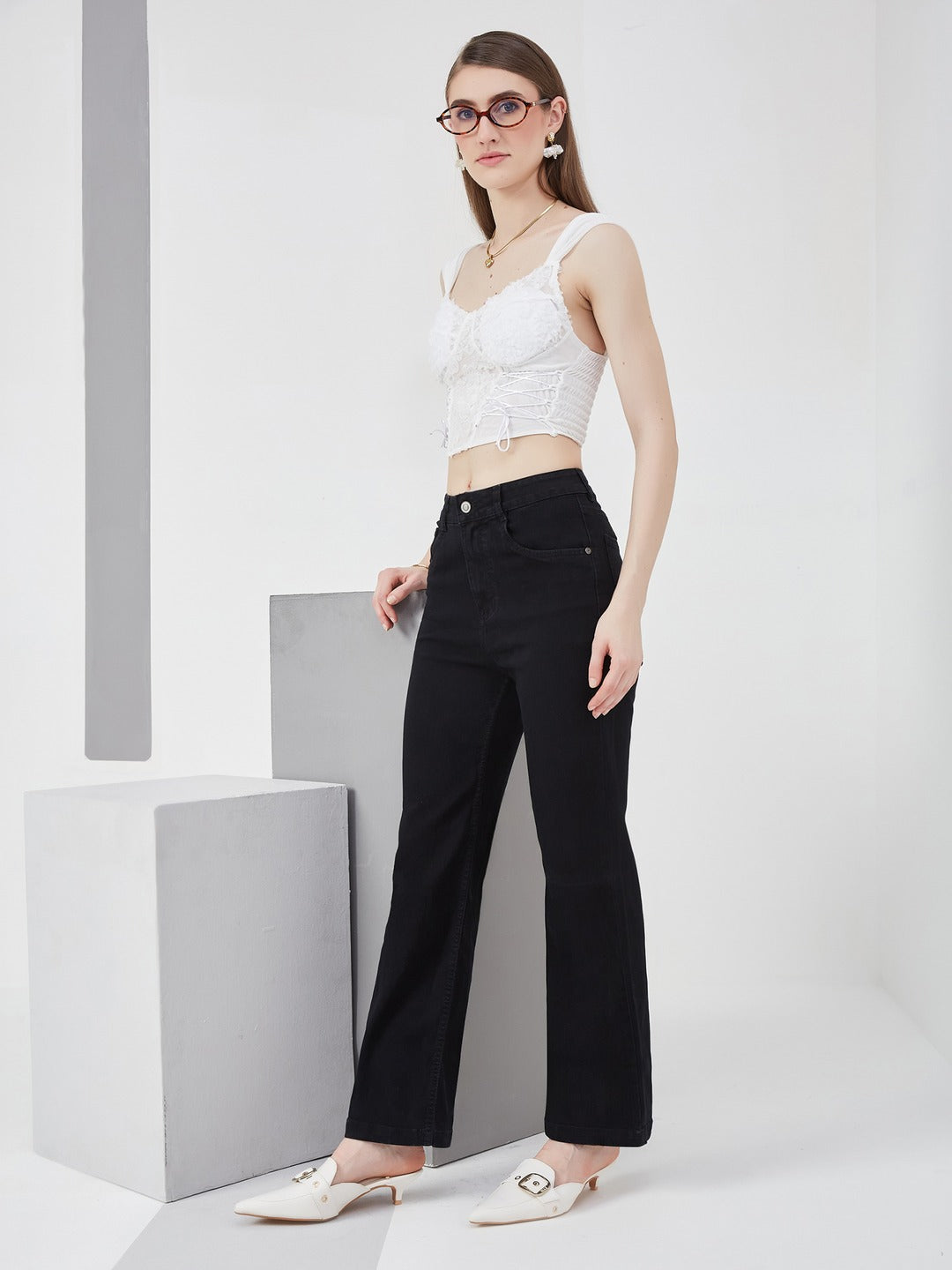 Black Straight high-rise Stretchable Denim Jeans for Women