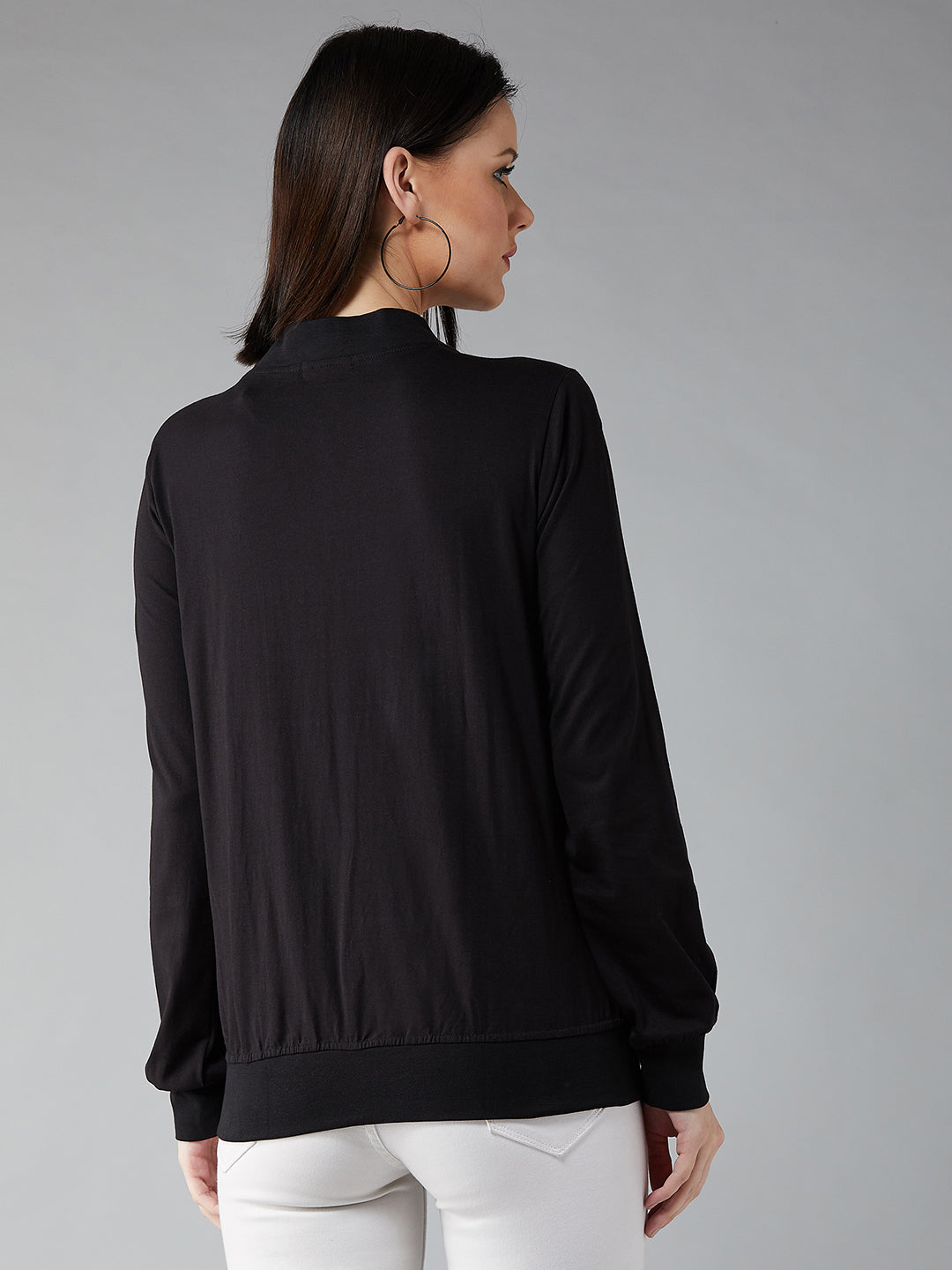 Women's Black Round Neck Full Sleeve Cotton Solid Bomber Jacket