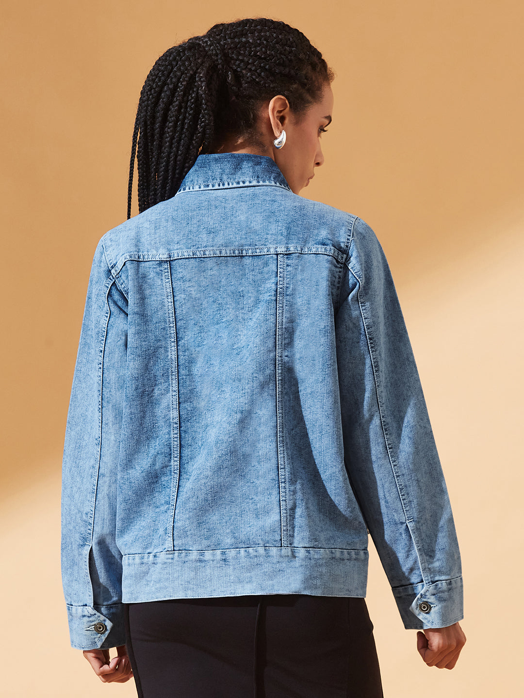 Light-Blue Polo Neck Solid Full Sleeve Bomber Jacket for Women
