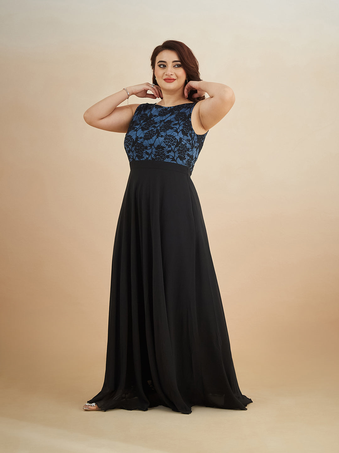 Blue & Black Round Neck Sleeveless Georgette Floral Lace Fit & Flare Maxi Dress for Women — Miss Chase A+