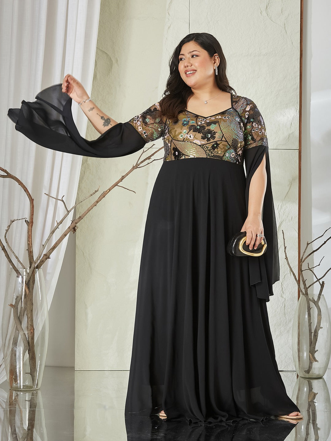 Black Sweet-Heart Full Sleeve Embellished Slit Sleeve Maxi Georgette Dress for Women
