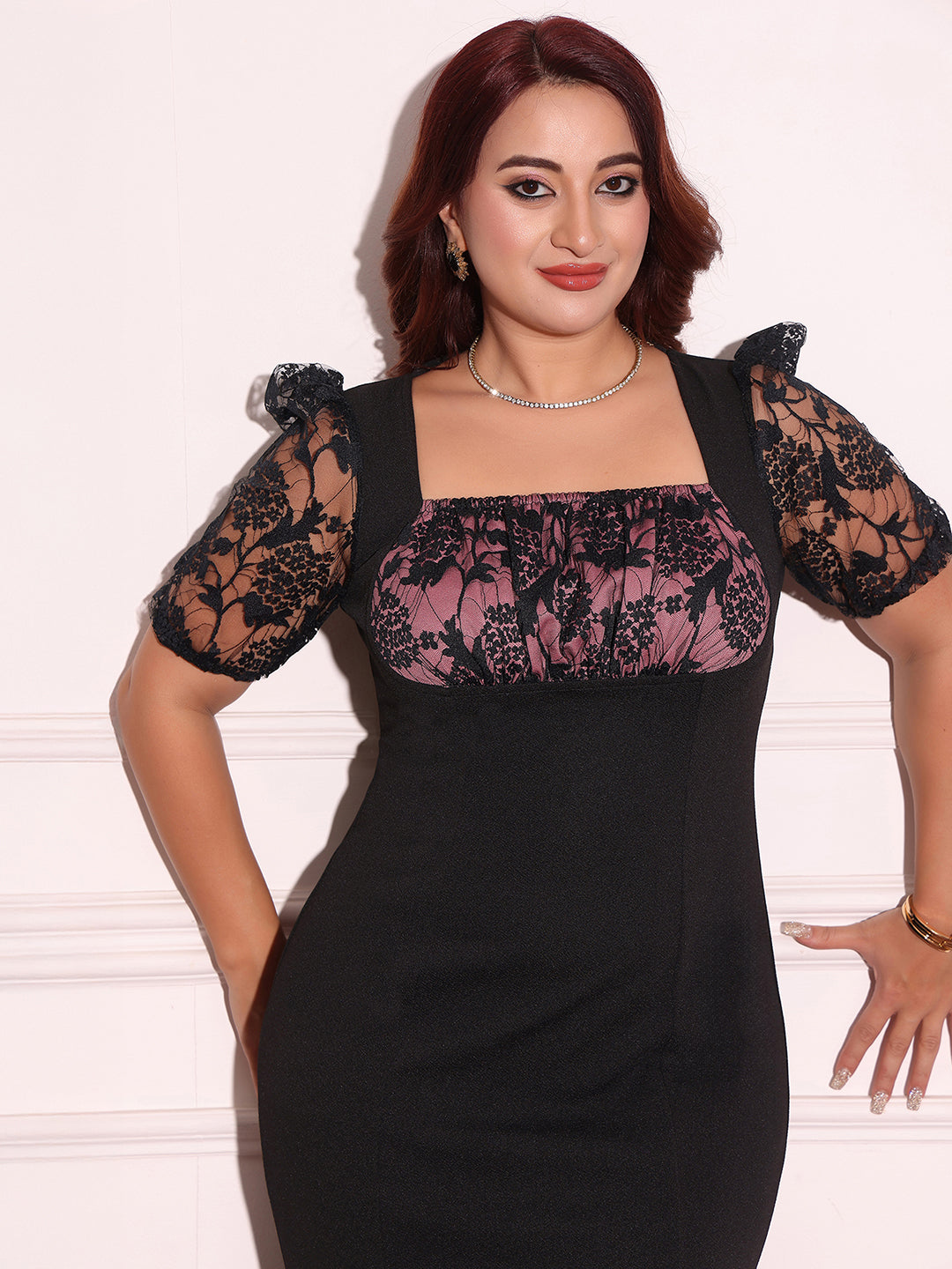 Women's Black Square Puff-Sleeves Solid Lace-Overlaid Ankle Length Dress