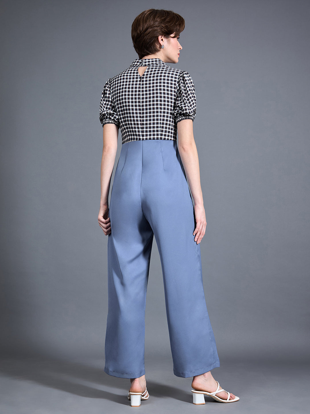 Women's Multicolored-Base-Powder Blue Notched Collared Puff Sleeve Checkered Wrap Regular Crepe Jumpsuit