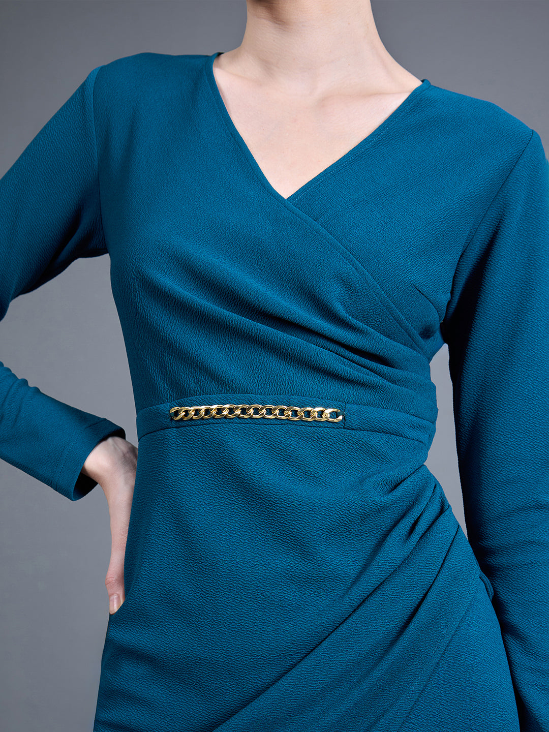 Women's Teal V-Neck Full Sleeve Solid Wrap-Styled Polyester Knee-Long Dress