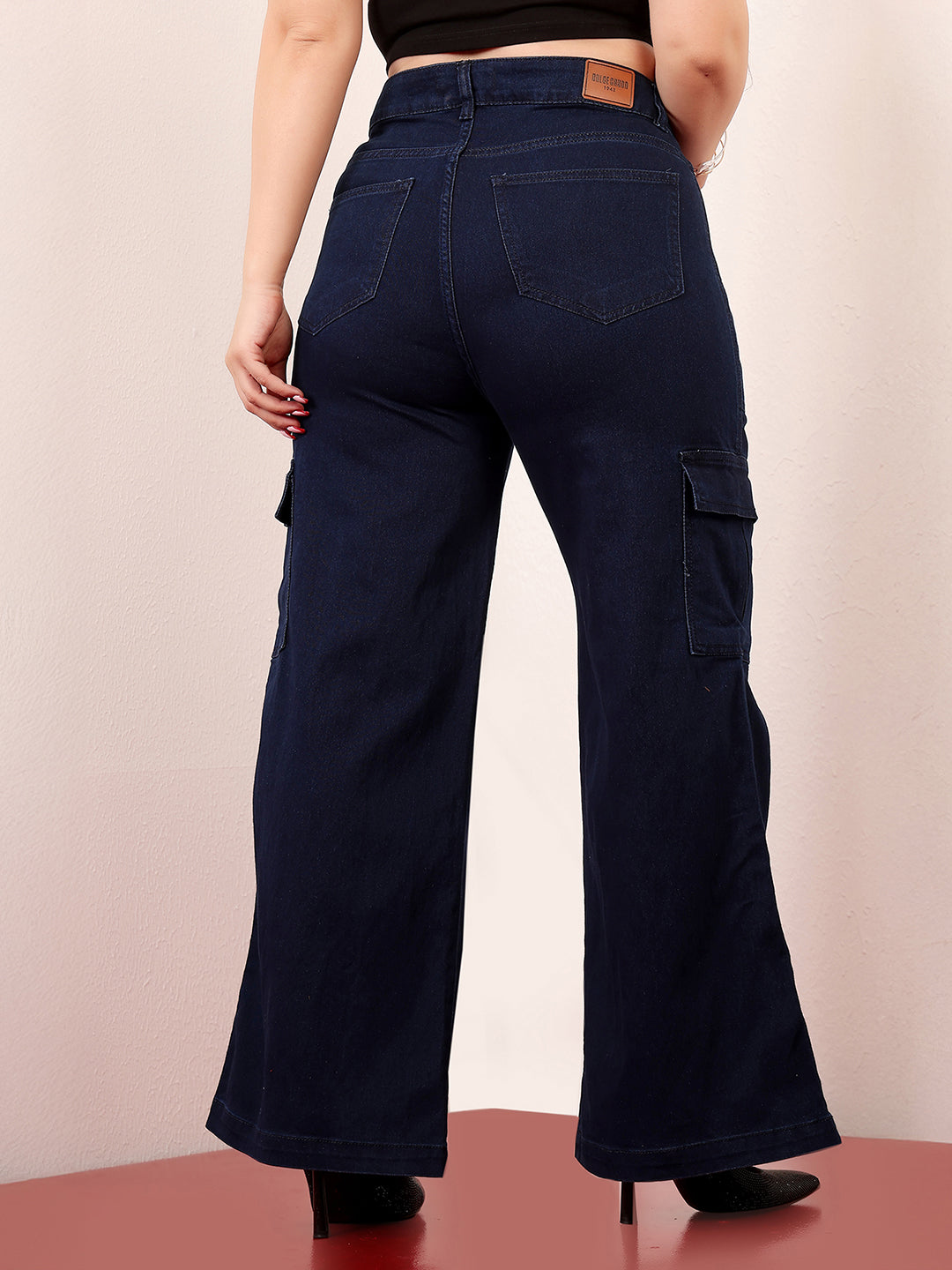 Women's Navy Blue Wide-Leg High-Rise Clean-Look Stretchable Denim Cargo Jeans