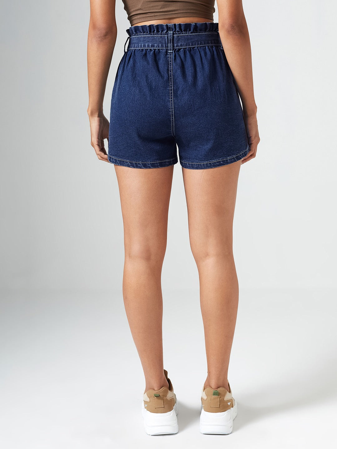 Blue High-Rise Paperbag Denim Shorts with Tie-Up Belt & Carpenter Pockets for Women