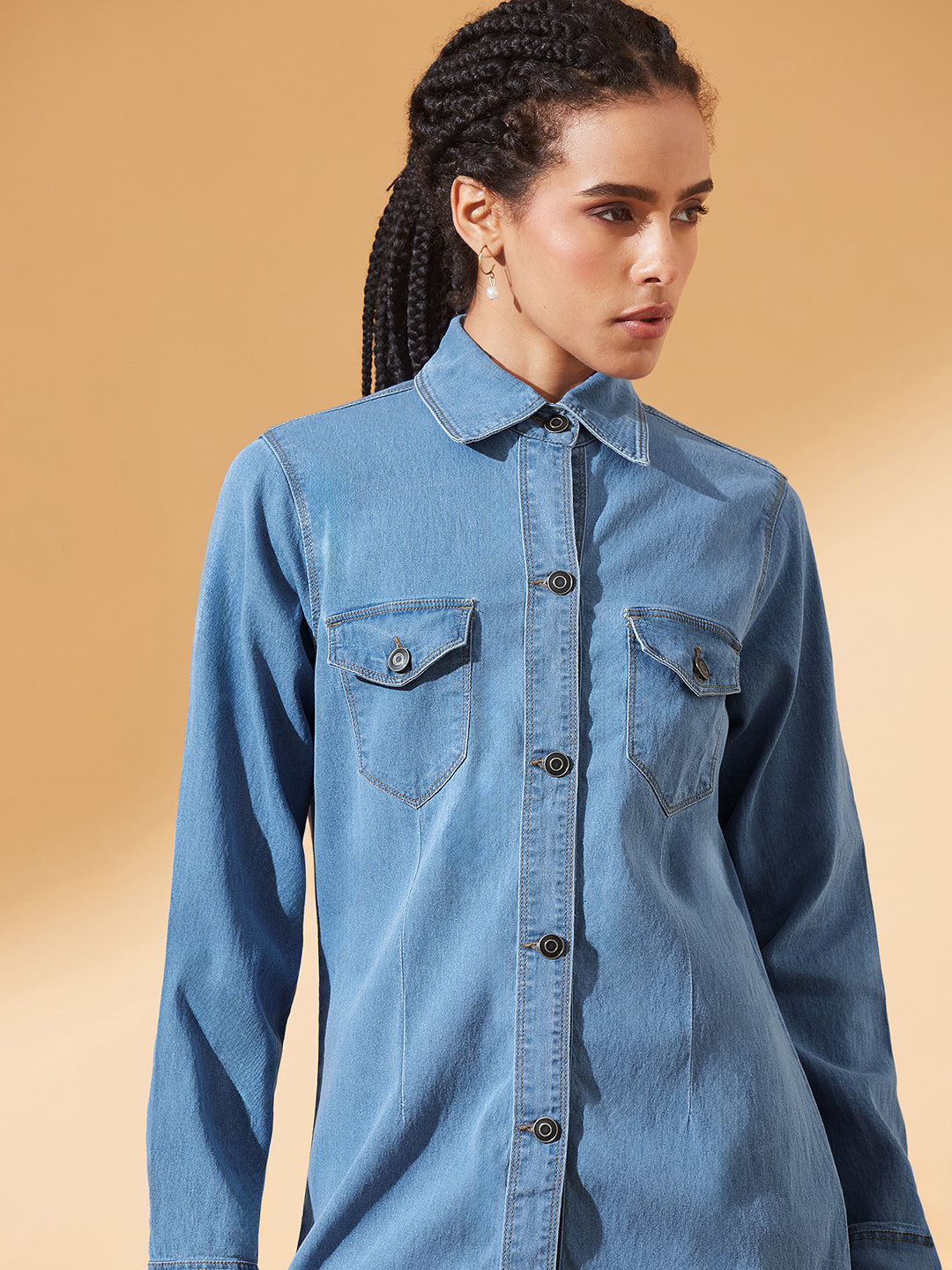 Blue Polo Neck Full Sleeves Denim Knee-Long Shrug for Women