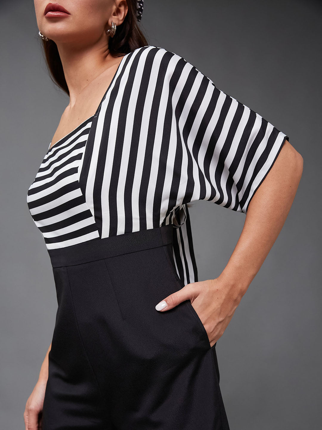 Black & White Square Neck Half Sleeve Striped Back Tie-Up Regular  Jumpsuit for Women