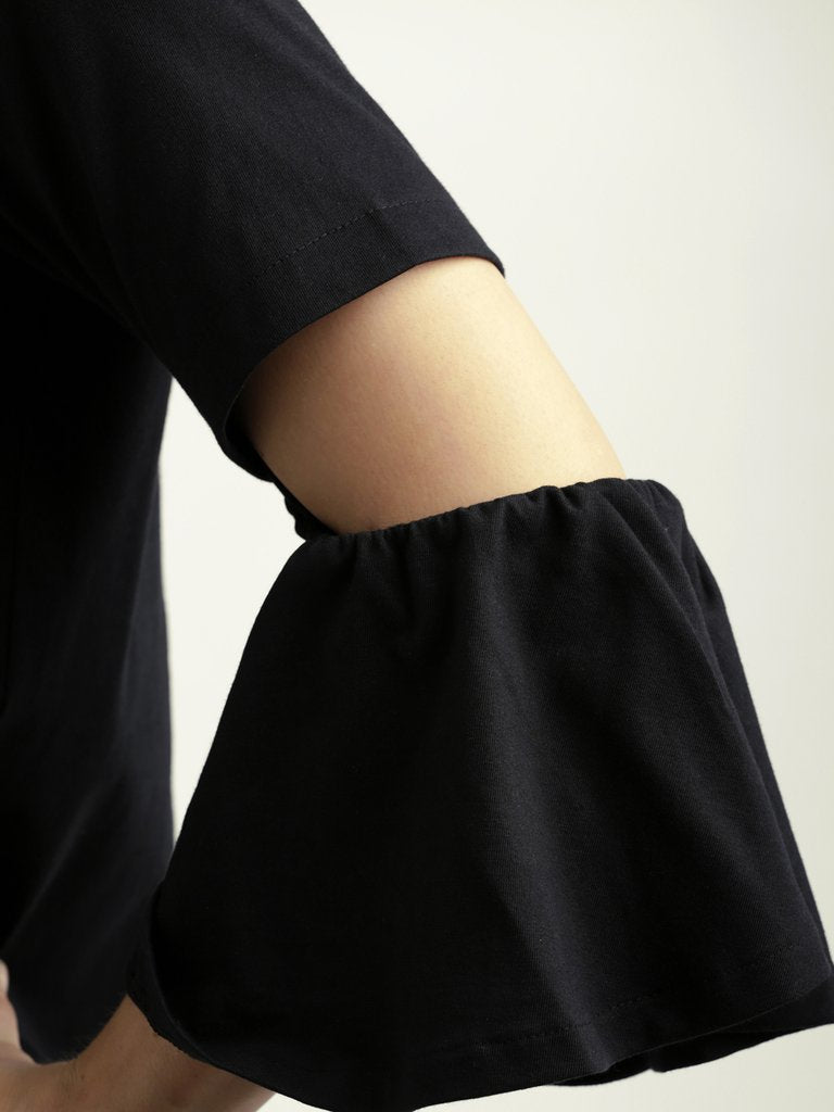 Women's Black Round Neck Flared 3/4 Sleeve Cotton Solid Gathered Cut Out Detail Top