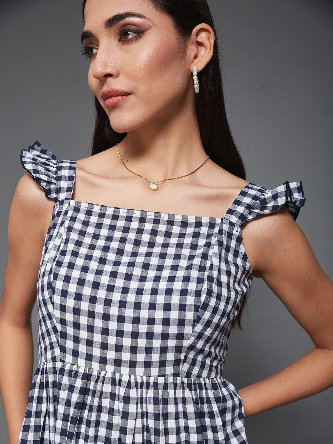 Navy & White Cotton Checkered Midi Tiered Dress