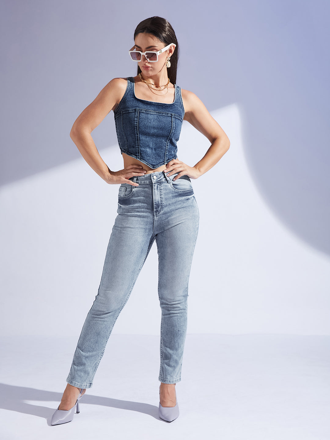 Women's Navy-Blue Square-Neck Sleeveless Zipper Corset Denim Crop Top