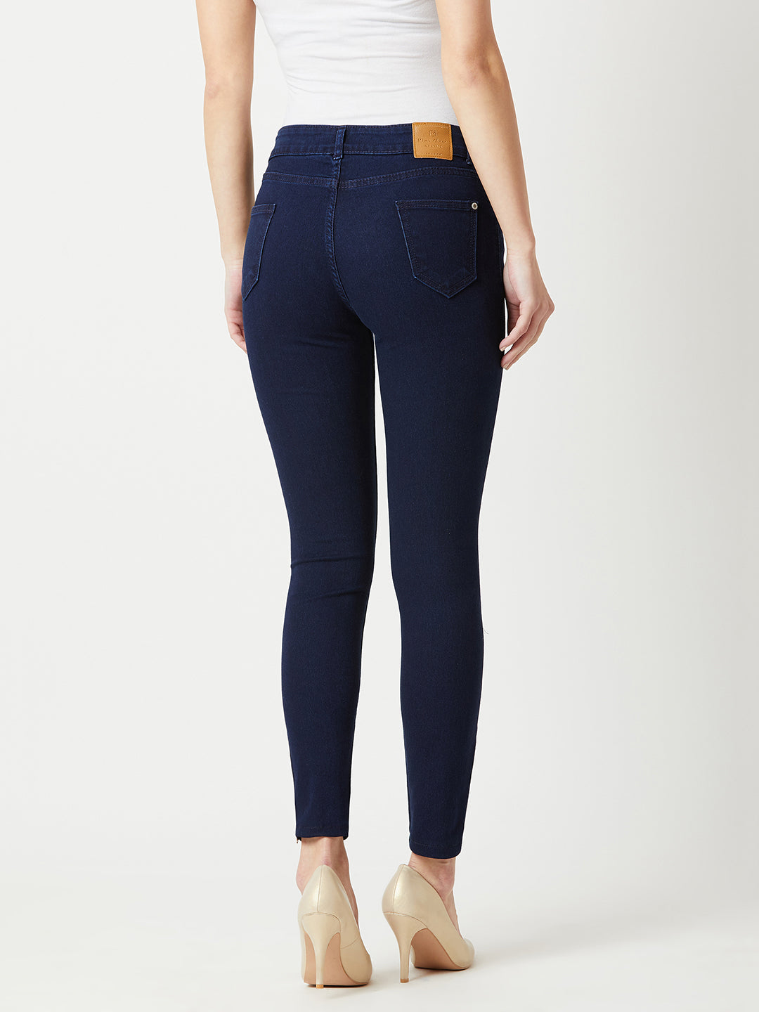 Women's Navy Blue Skinny Fit Mid Rise Cropped Length Zipper Detailing Denim Stretchable Jeans