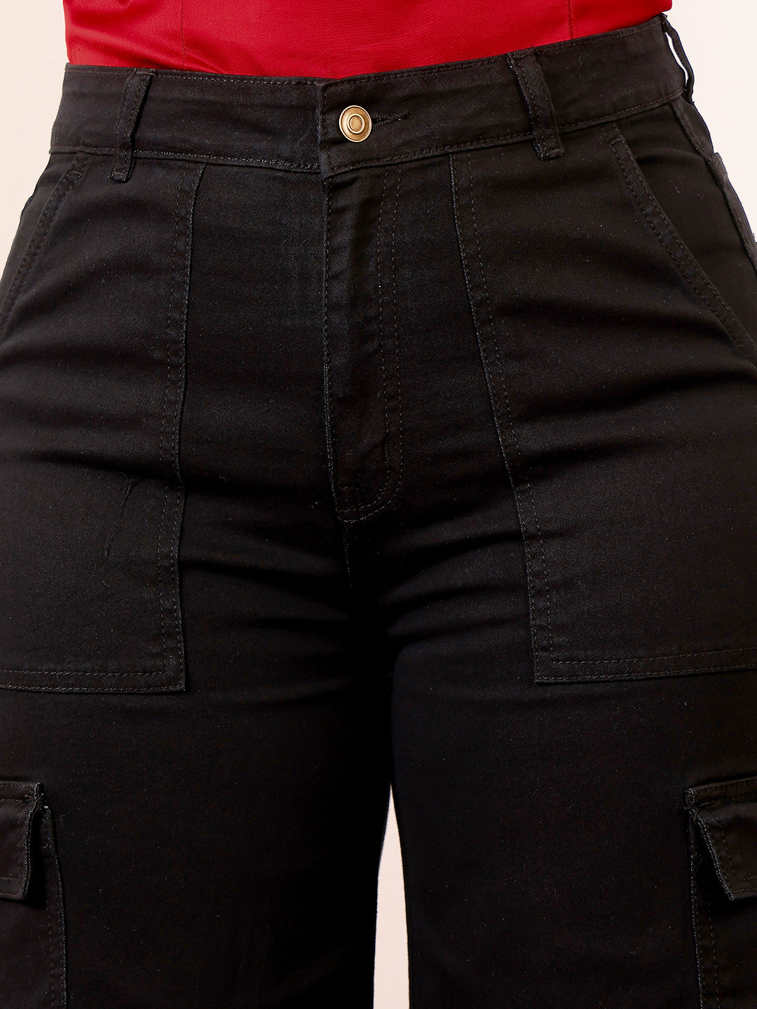 24/7 Comfort Black Wide-Leg High-Rise Clean-Look Stretchable Denim Cargo Jeans
