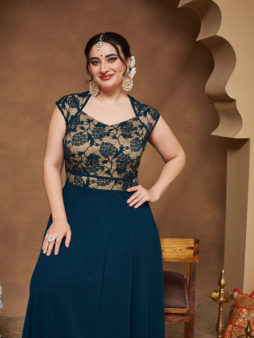 Teal Floral V - Neck Cap Short Sleeves Lace Overlaid Fit & Flare Paneled Maxi Dress for Women
