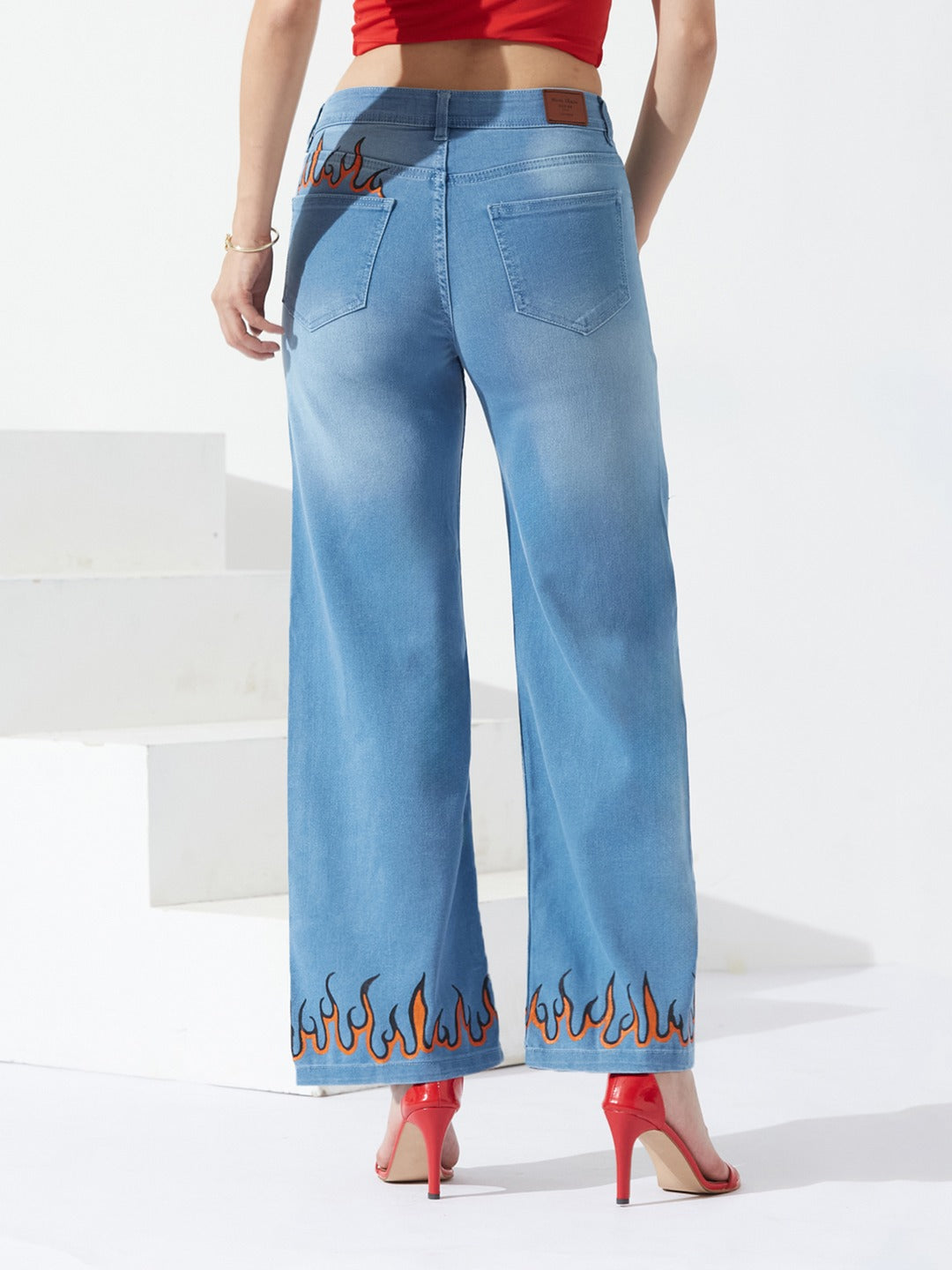 Light Blue Straight Fit Mid Rise Hand Painted Stretchable Denim Jeans for Women