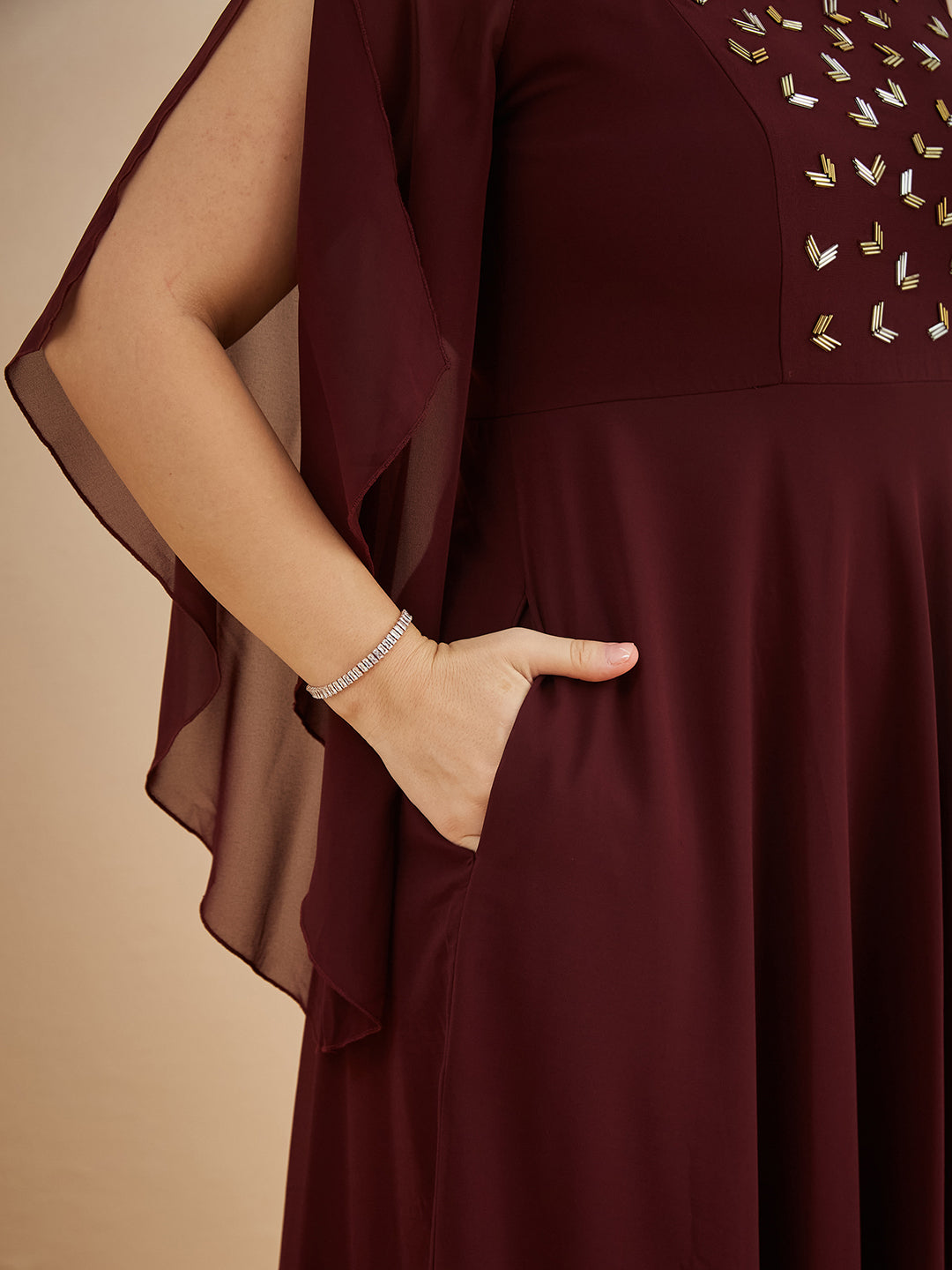 Wine Solid Relaxed Fit Round Neck Flared Sleeve Maxi Dress for Women — Miss Chase A+