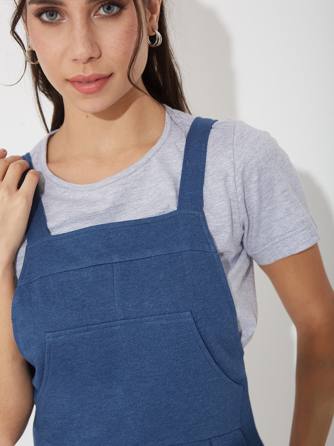 Blue Round Neck Half Sleeve Solid Pinafore Knee-Long Cotton Dress Co-Ord Set for Women — Miss Chase