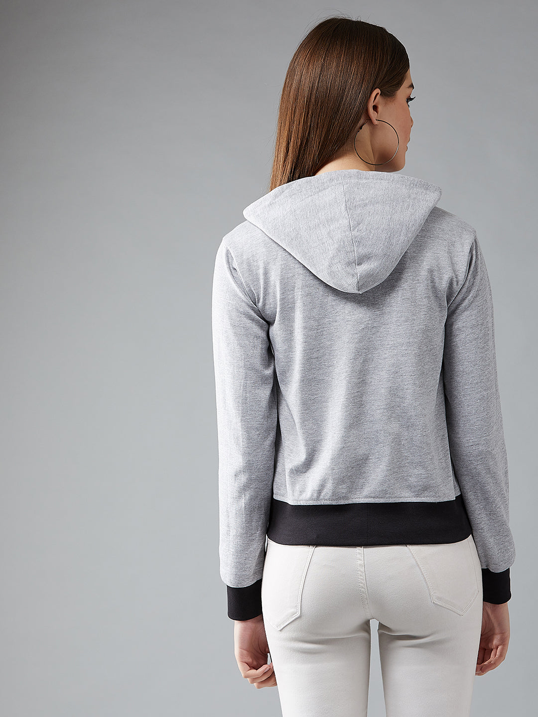 Women's Grey Hooded Full Sleeves Solid Drawstring And Eyelet Detailing Regular Length Jacket