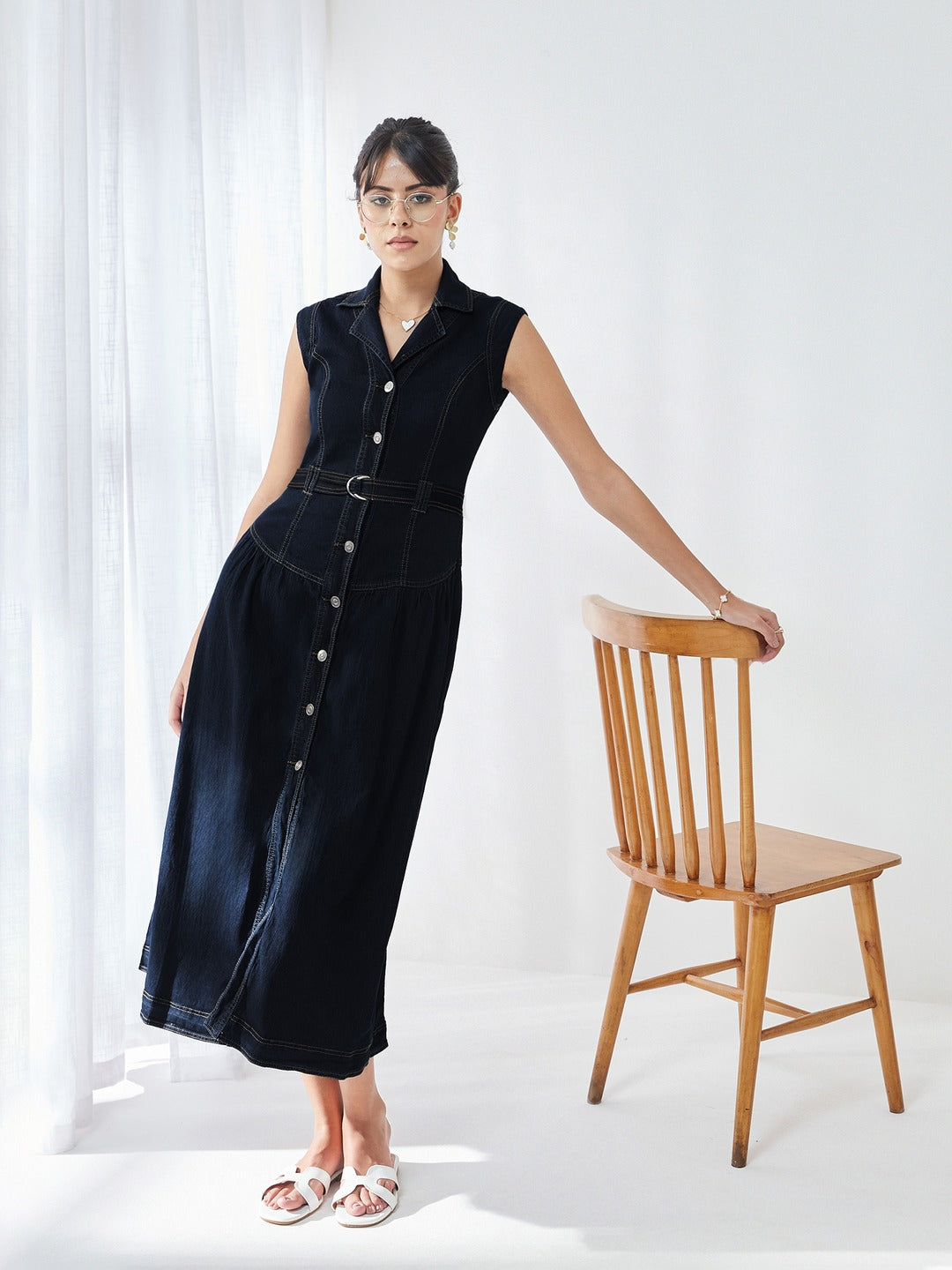 Dark Blue Notched-Collar Sleeveless Solid Drop Waist Maxi-Length Light Weight Denim Shirt Dress for Women