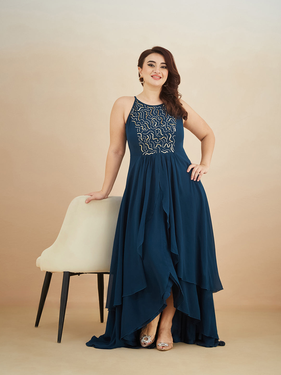 Teal Round Neck Sleeveless Solid Embellished Maxi Dress for Women — Miss Chase A+
