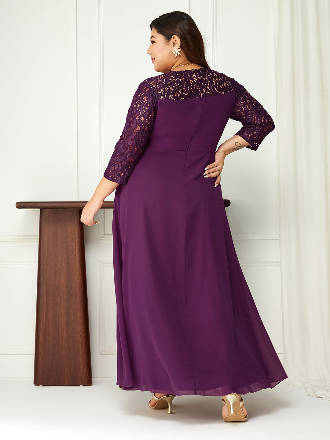 Dark Purple Colored V-Neck Three-Quarter Sleeve Self-Designed Wrap Maxi Georgette Dress for Women
