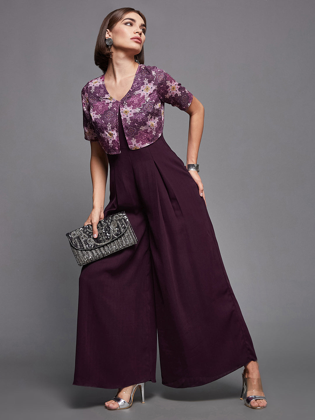 Women's Dark Purple V Neck Half Sleeve Pleated Polyester Regular-Length Solid Jumpsuits