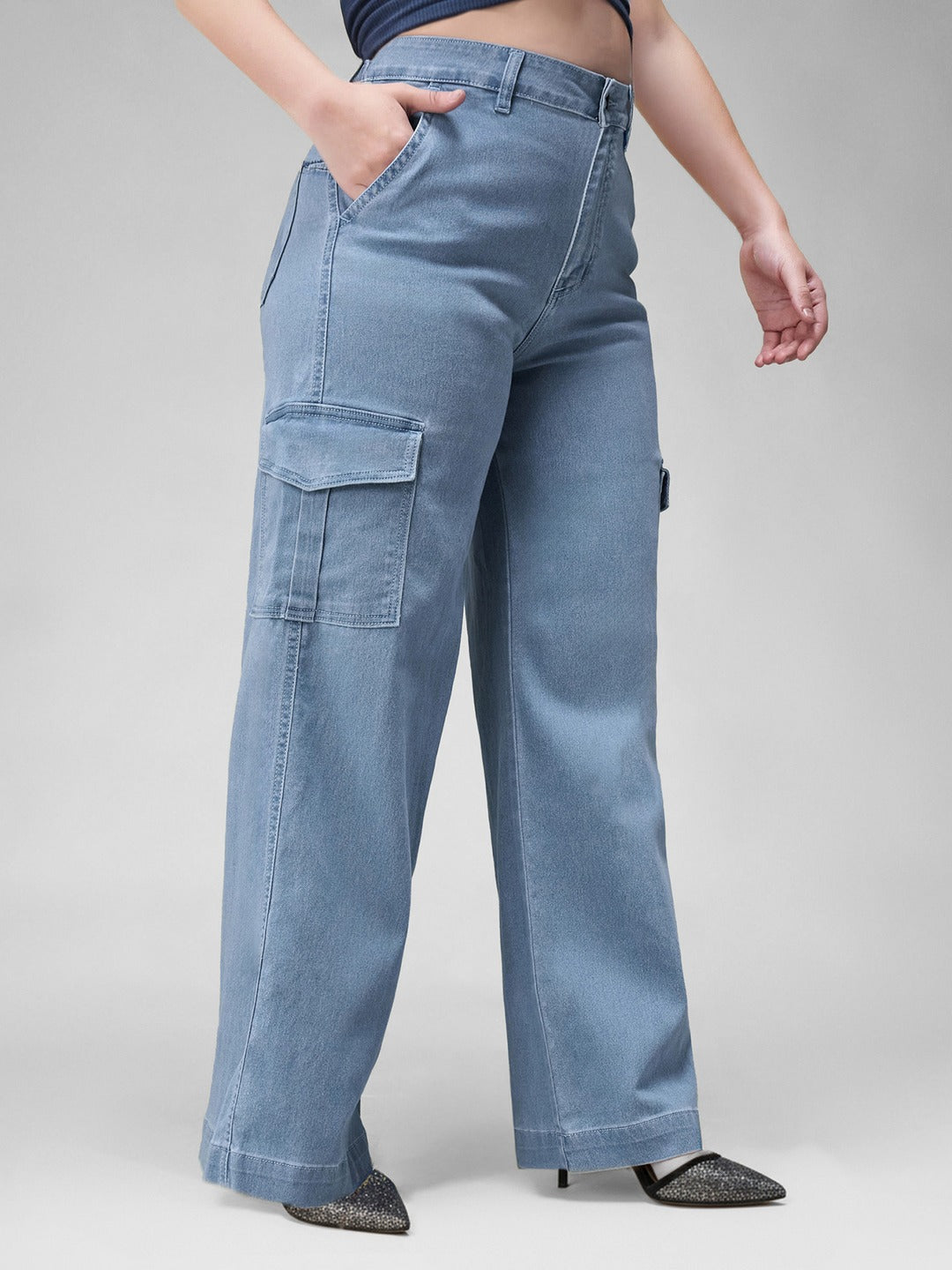 Blue Wide leg High rise Regular Stretchable Denim Jeans for Women