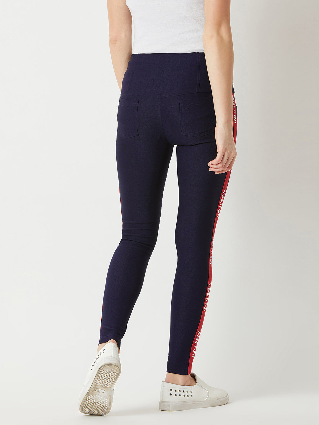 Women's Navy Blue Twill Tape Detailing Solid High Waist Regular Length Patch Pocket Jeggings