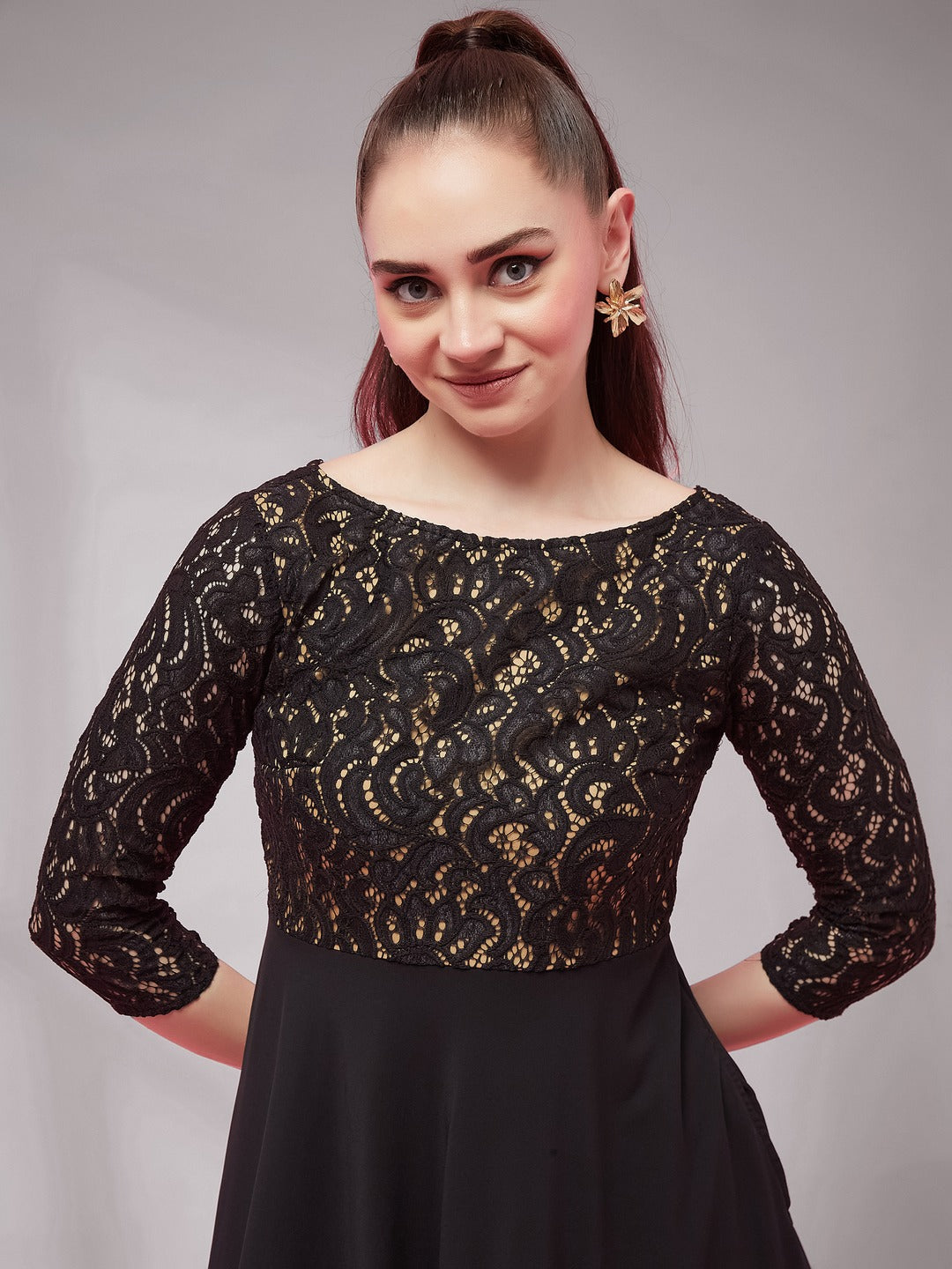 Black Self Design Boat Neck 3/4 Sleeves Side Pocketed Georgette Fit and Flare Maxi Length Dress for Women