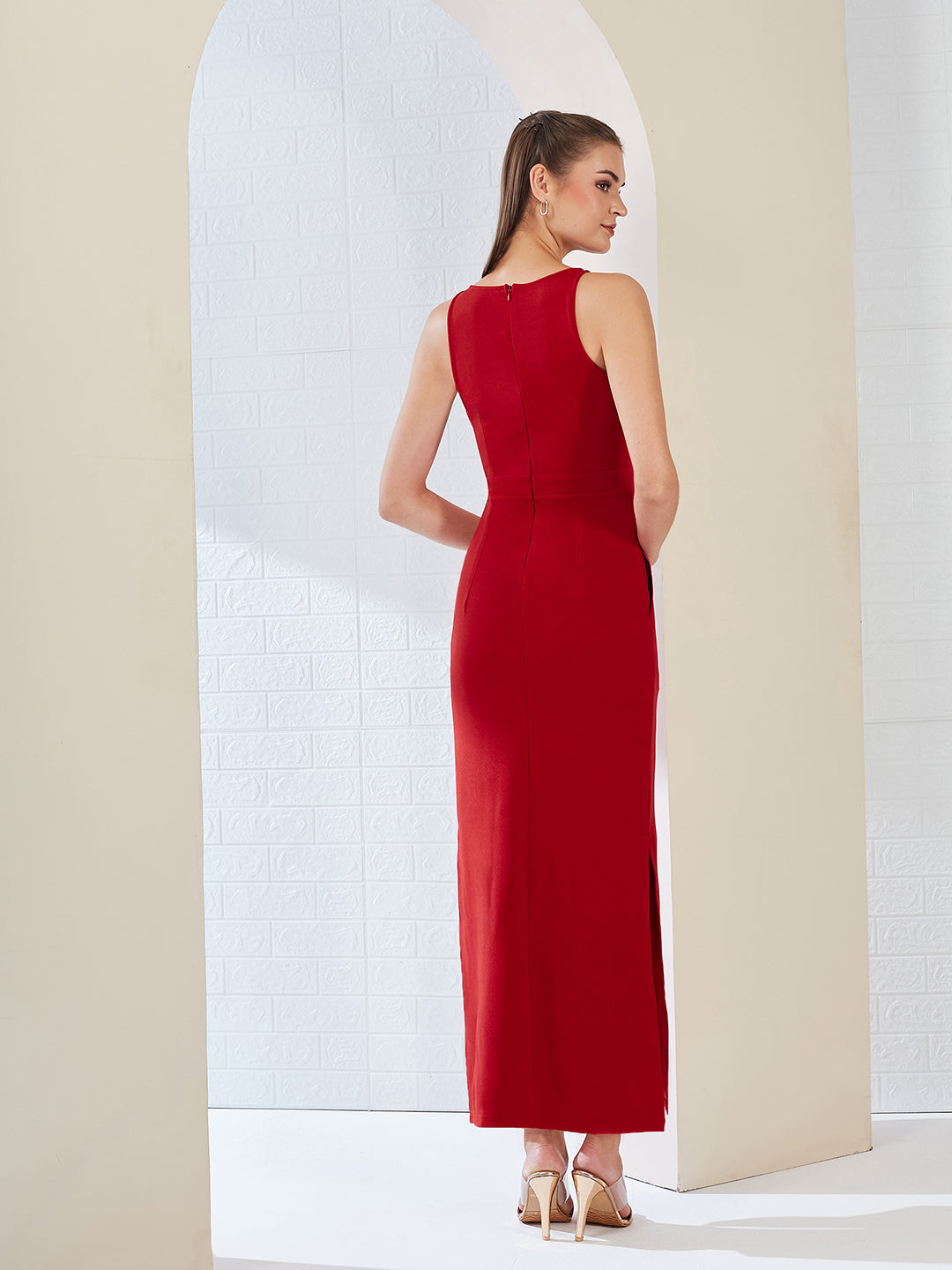 Cherry Red Solid Slim Fit Round Neck Sleeveless Maxi Dress  for Women — Miss Chase