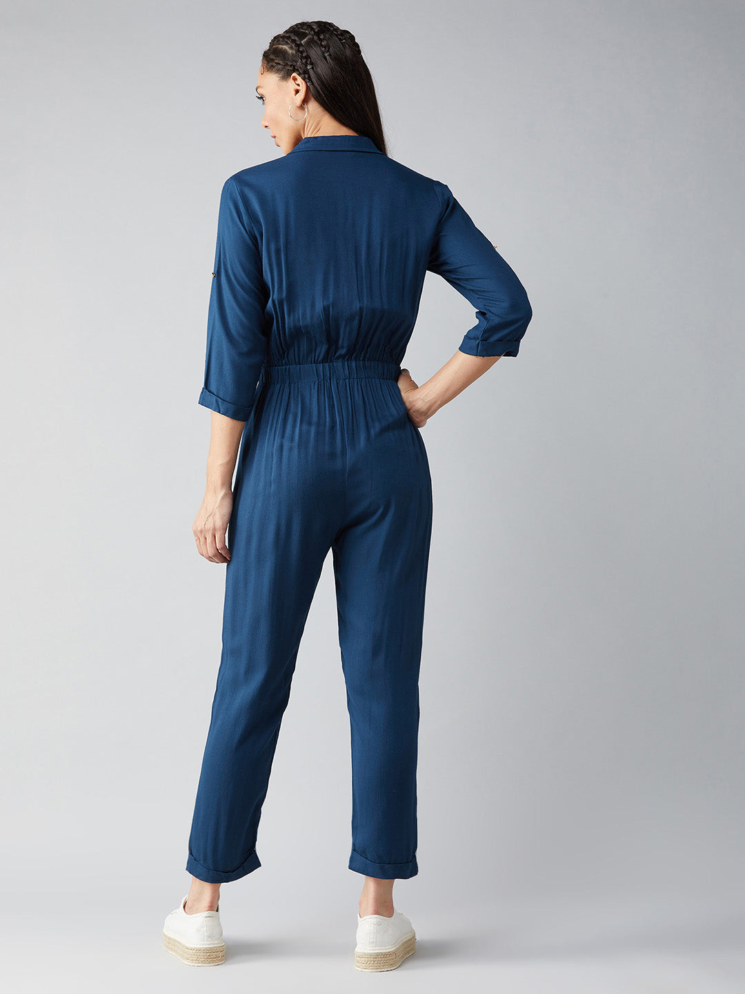 Women's Teal Blue Collared V-Neck 3/4 Sleeves Straight Leg Tie-Up Solid Belted Wrap Jumpsuit