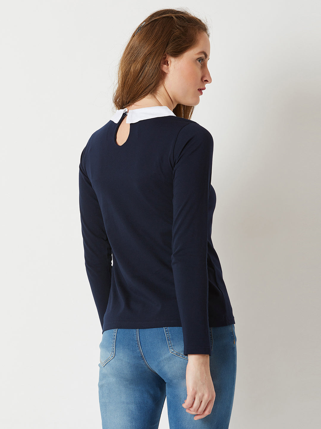 Women's Navy Blue Collared Round Neck Full Sleeve Cotton Solid Buttoned Top